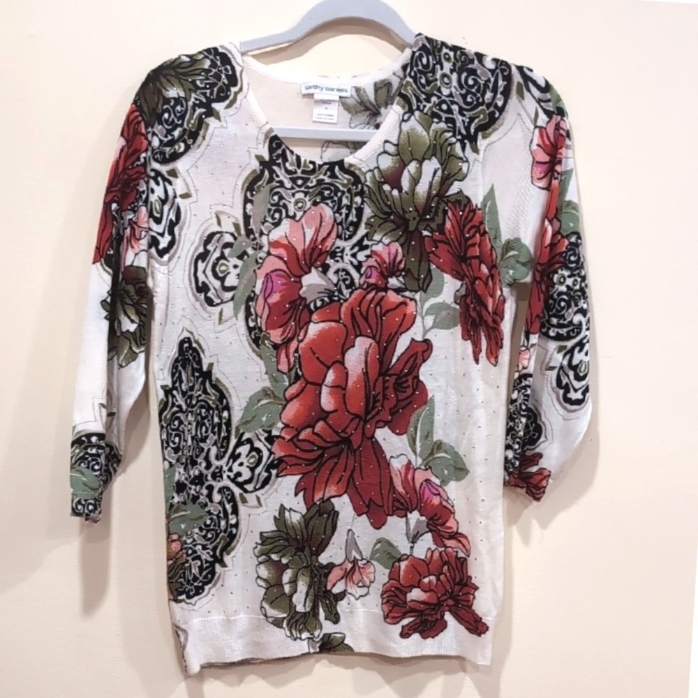 Cathy Daniels Floral Rhinestone Knit Sweater White Multicolor Women Small